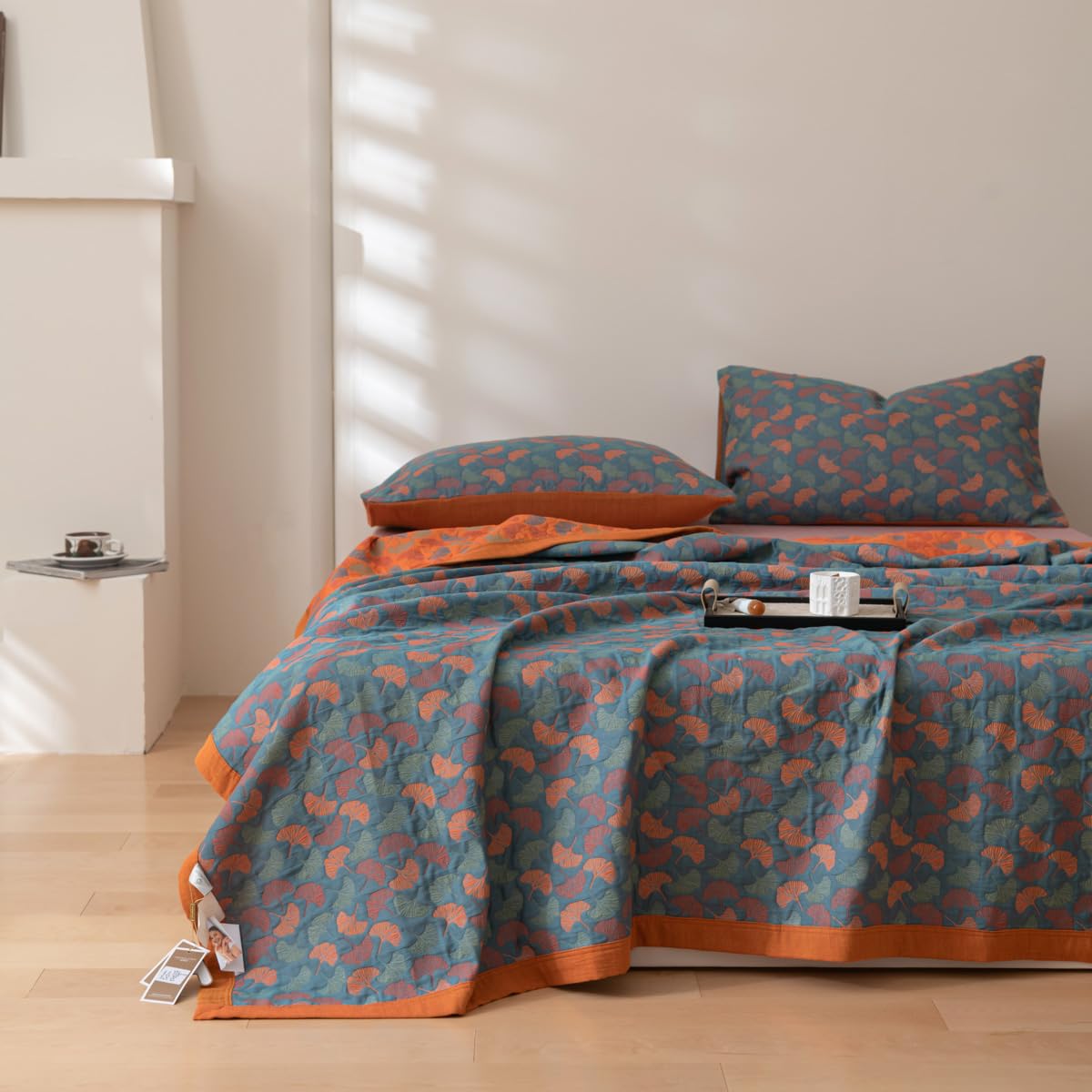 100% Cotton Muslin Botanical Blanket Jacquard Floral Plants Pattern Quilt, Soft Bed Cover Lightweight Breathable Gauzy Reversible Bedspread Coverlet Bedding King(98"x94"), No Pillow Sham