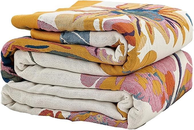 Floral Rustic Large Boho Throw Blanket 90"x98" Orange&Sage Green
