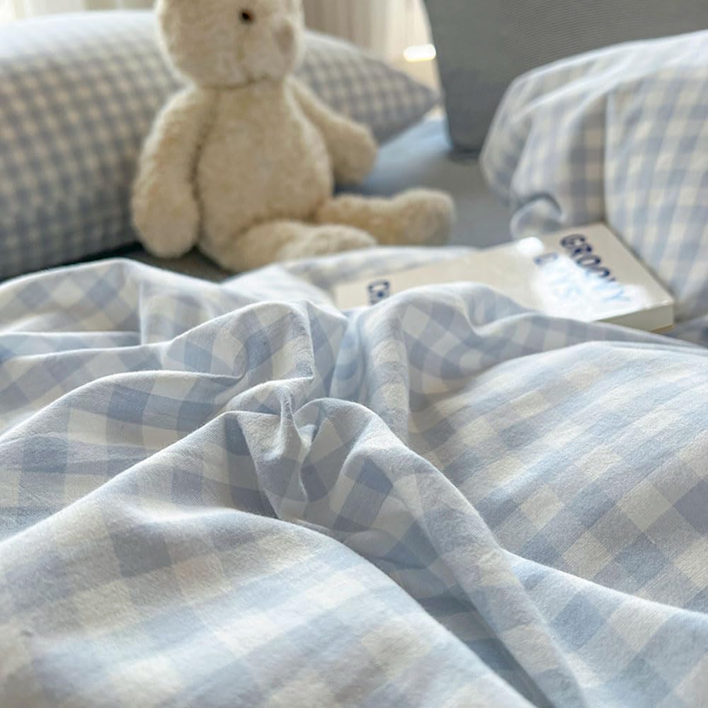 Nayoroom Gingham Duvet Cover Set Queen Blue White Plaid Checkered Bedding