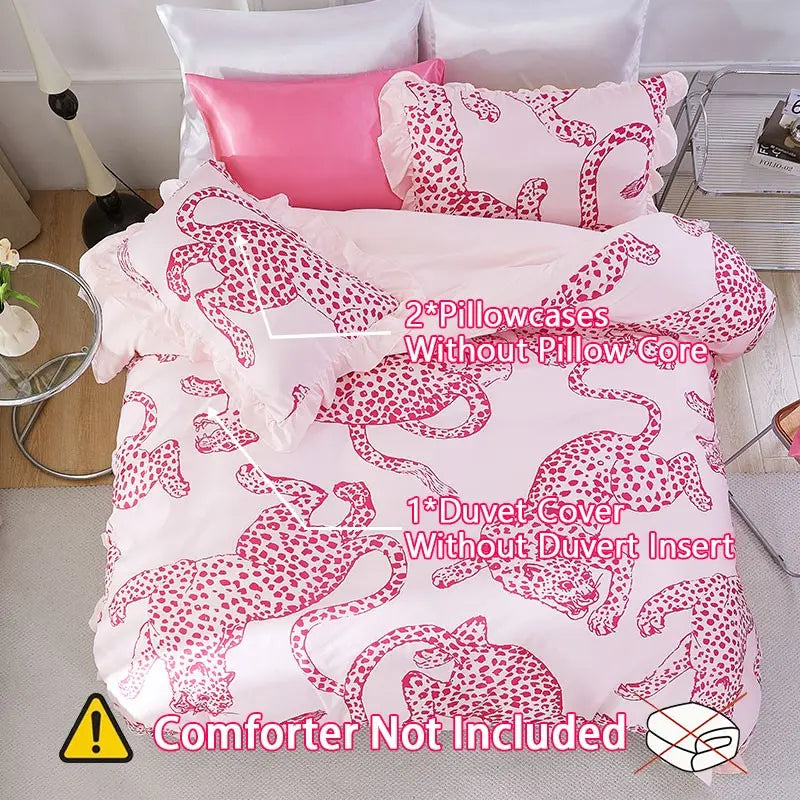 3-piece pink leopard print duvet cover set with ruffle edge, Ruffled duvet cover, breathable comfortable bedding, comes with duvet cover pillowcases, no filling, perfect for all seasons, ideal as holiday gifts