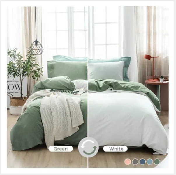 100% Washed Cotton White and Green Reversible Duvet Cover Set Queen and King Size Optional, Casual Design Soft Bedding Set 2 Pillow Cases + 1 Duvet Cover with Zipper & Corner Ties(SX-004)