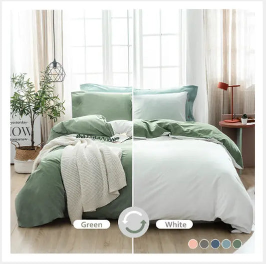 100% Washed Cotton White and Green Reversible Duvet Cover Set Queen and King Size Optional, Casual Design Soft Bedding Set 2 Pillow Cases + 1 Duvet Cover with Zipper & Corner Ties(SX-004)