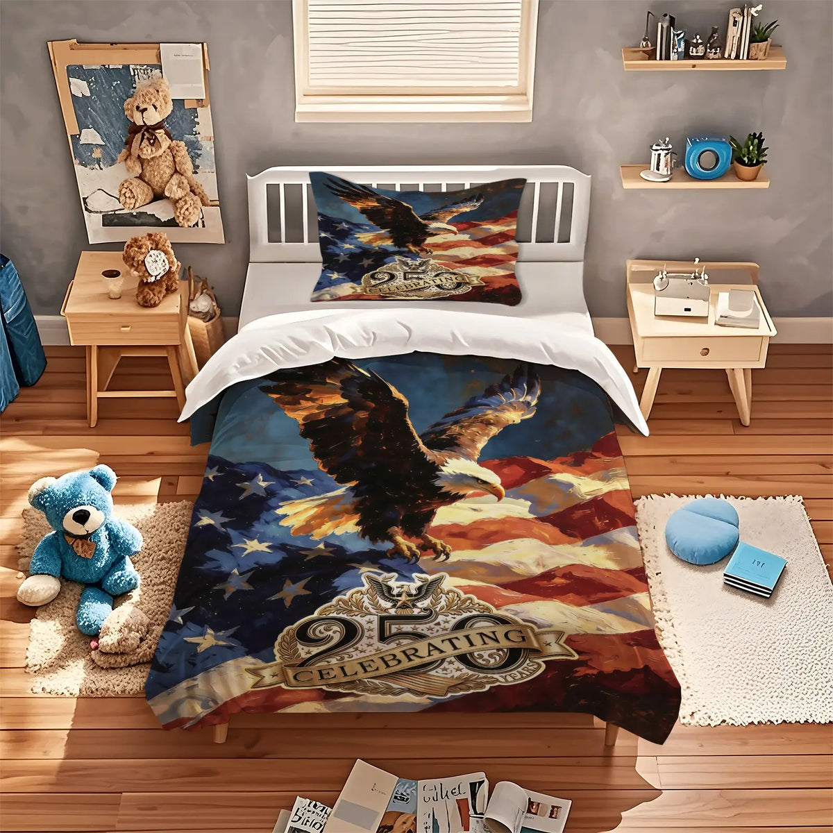 American 250th Anniversary Pattern Quilt Cover Set, Soft And Comfortable Bedding Set (1 Duvet Cover + 1/2 Pillowcase, No Filler), Suitable For Teenagers And Adults, Bedroom, Dormitory, Guest Room Scene