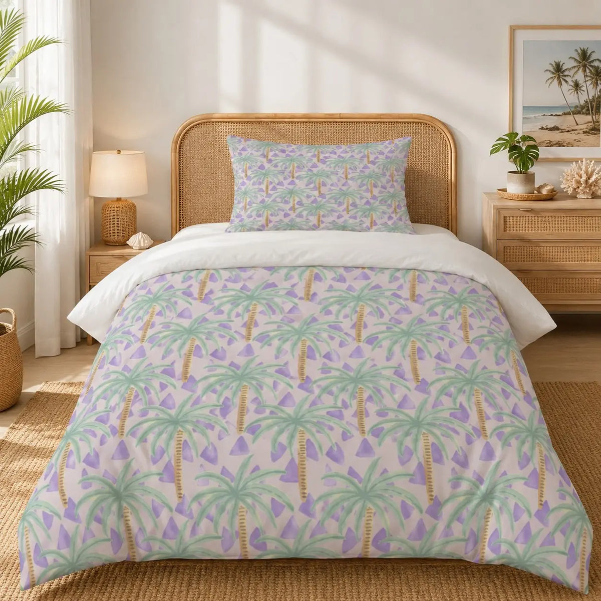 Tropical Palm Tree Print Duvet Cover Set, 2/3 Pieces (1 Duvet Cover and 1/2 Pillowcases), Pillow Inserts and Comforter Insert Not Included, Coastal Vacation Style Single-Sided Printed Soft and Comfortable Bedding, Suitable for Bedroom, Dorm, Apartment and