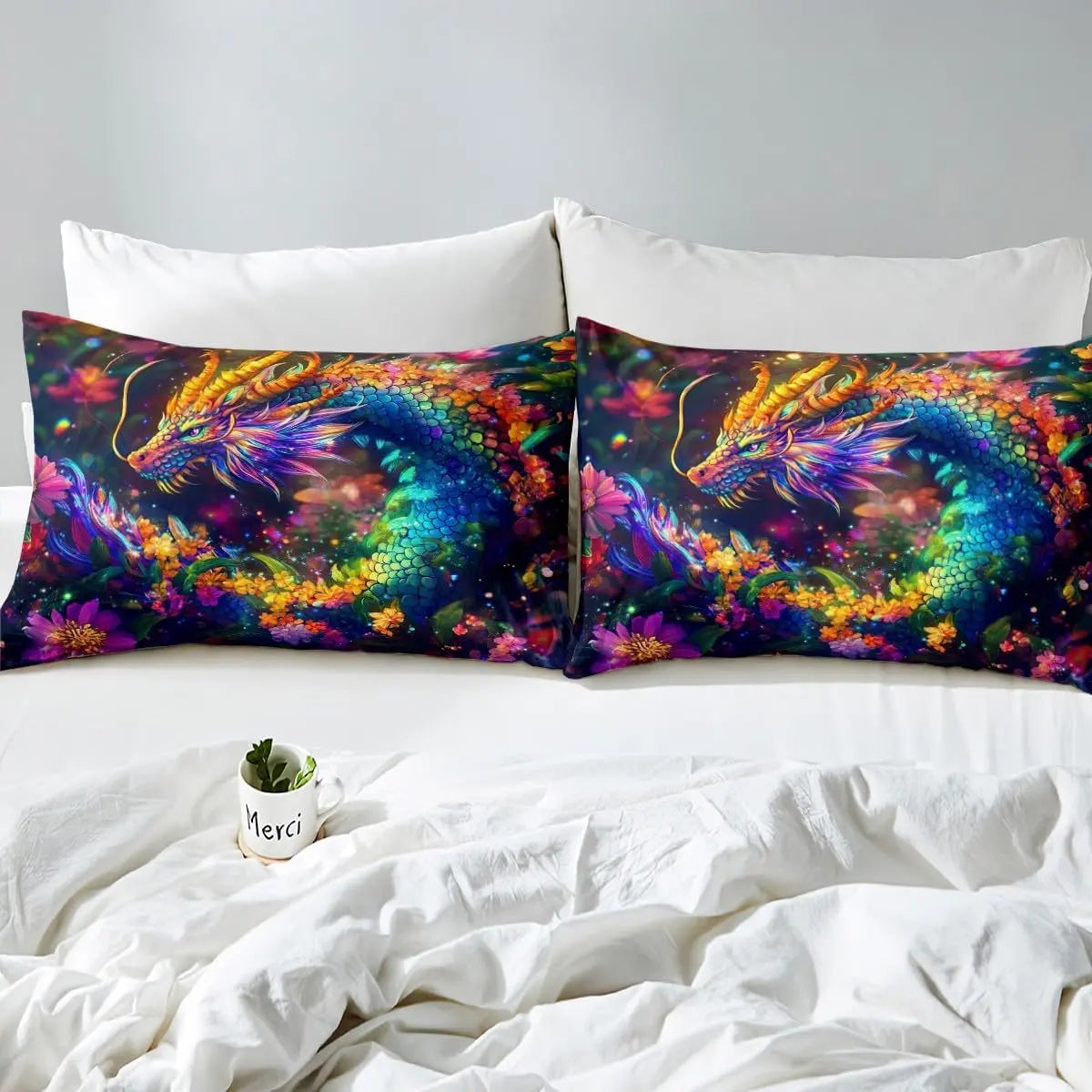 Feelyou 3D Flower Dragon Print Wildlife Duvet Cover Set - Soft Texture, Comfy Bedding Sets, Breathable, All-Season Microfiber Quilt Cover with Zipper Closure, Machine-Washable, Vibrant Decor for Bedroom (No Filler/Comforter)