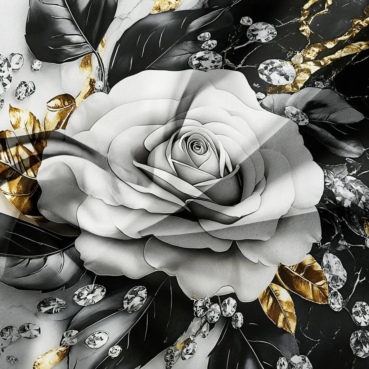 3pcs 3D Featuring Black and White Rose and Crystal Diamond Art Patterns Decorative Duvet Cover Set, Golden leaf chain set duvet cover，Includes 1 Duvet Cover + 2 Pillowcases，Soft and Comfortable Breathable Theme Bedding Set Bed Covers, Comfy Bed Sets