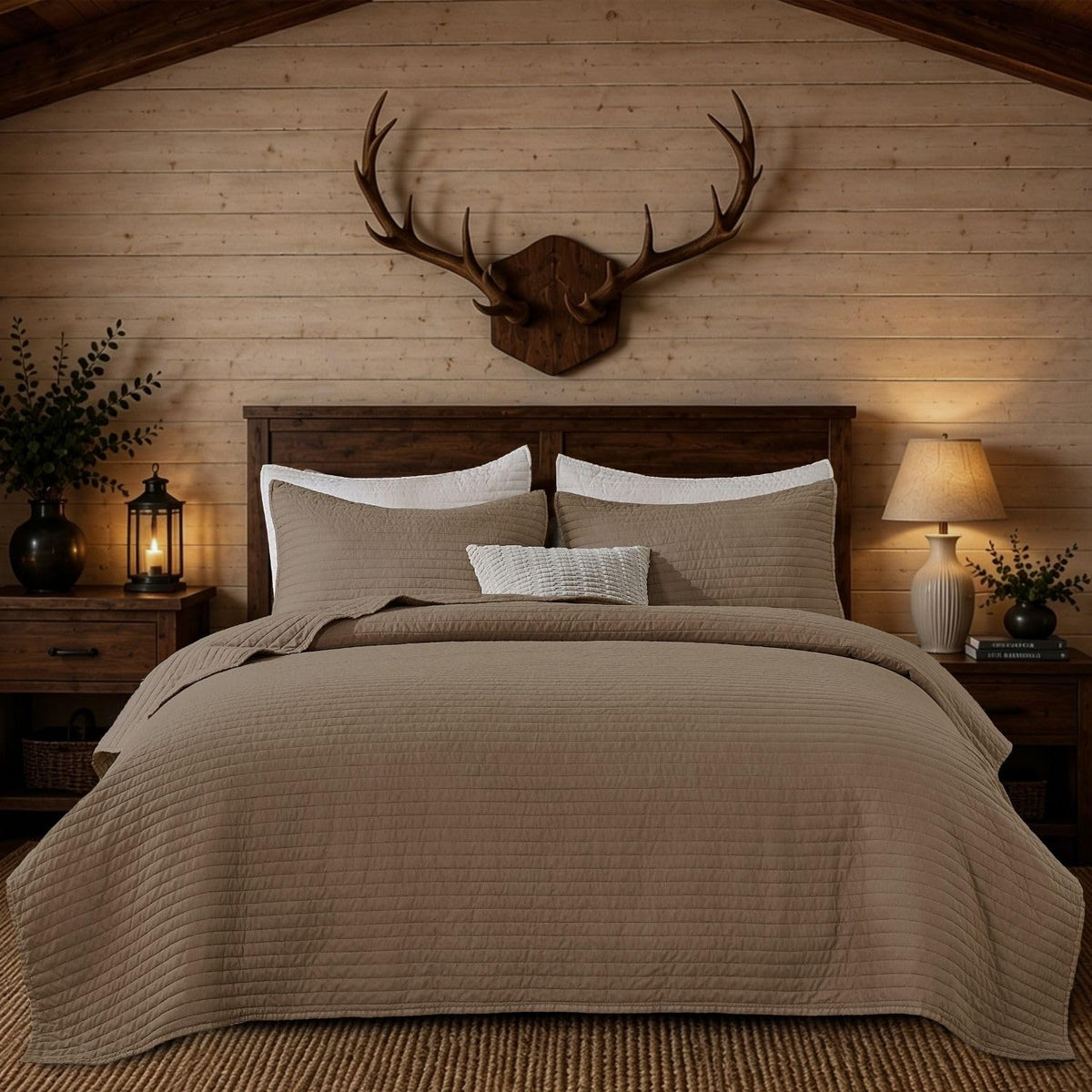 DOWN HOME King Quilt Bedding Set with Shams, Vintage Washed Quilted Blanket Thin Comforter Lightweight Bedspread Coverlet Bed Cover, Brushed Microfiber Stripe Stitching, Sandstone Brown, 104"x90"