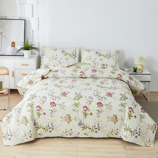 Green Essen Vintage Floral Quilts Full/Queen Size Lightweight Bedspread Rustic Botanical Bedding Garden Plants Blossom Coverlet Set Cabin Home Decor