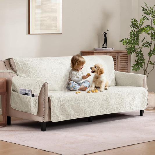 Soft Quilted Couch Cover with Pockets for Extra-Large Sofa, Anti-Slip Sofa Covers Washable for 3 Cushion Pet Friendly Medallion Oversized Sofa Cover Water-Repellent (X-Large Sofa 78", Ivory White)