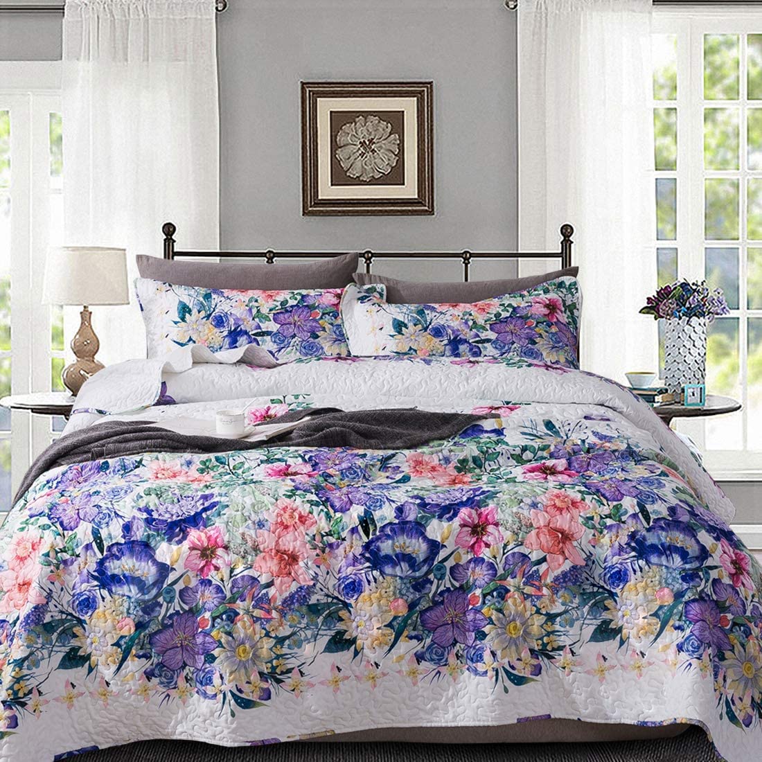 Travan 3-Piece Quilt Set Quilted Bedspread Lightweight Coverlet Set Garden Style Floral Printed Oversized Quilted Bedding Set with Shams for All Season, Exquisite, King Size