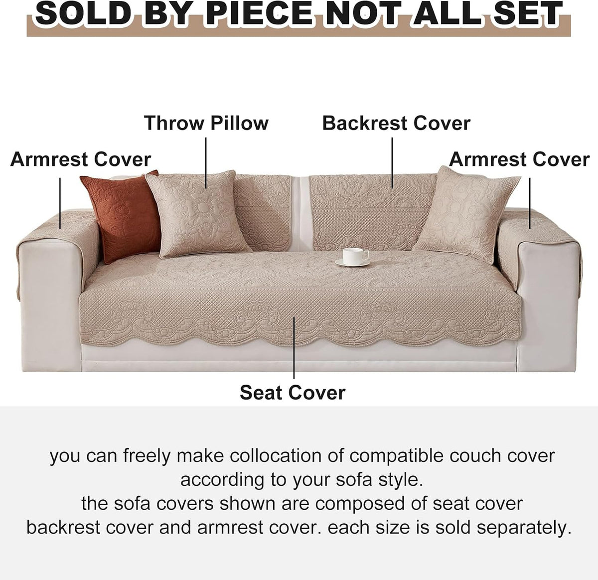 vctops Boho Cotton Quilted Couch Cover Soft Embroidered Sofa Cover Non-Slip Dog Bed Cover Scalloped Sofa Slipcover Washable Furniture Protector Cover (Khaki,28"x28")