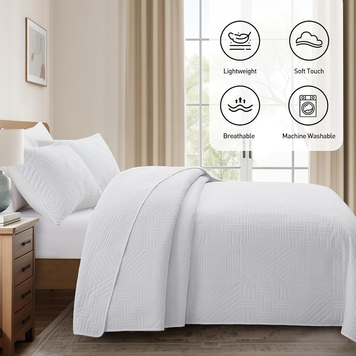 Lavsiry White Quilt Full/Queen Size, 3 Pieces Bedspread Set