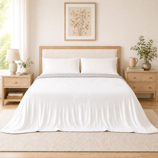 LaffyLo Cooling Blanket for Hot Sleepers, Lightweight Summer Quilt with Breathable Reversible Fabric for Bed, Couch, Dorm and Travel, Machine Washable, Twin Size 60"x80", White & Light Grey