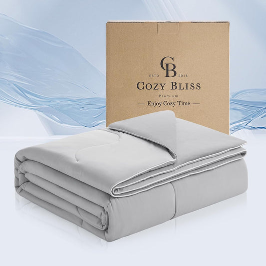 Cozy Bliss Cooling Comforter Queen Size x Sorona® Viscose Natural Fiber, Reversible Silky Smooth Cooling Blanket with Q-Max＞0.45 for Hot Sleepers & Night Sweats, Cool Grey, 90"x90"