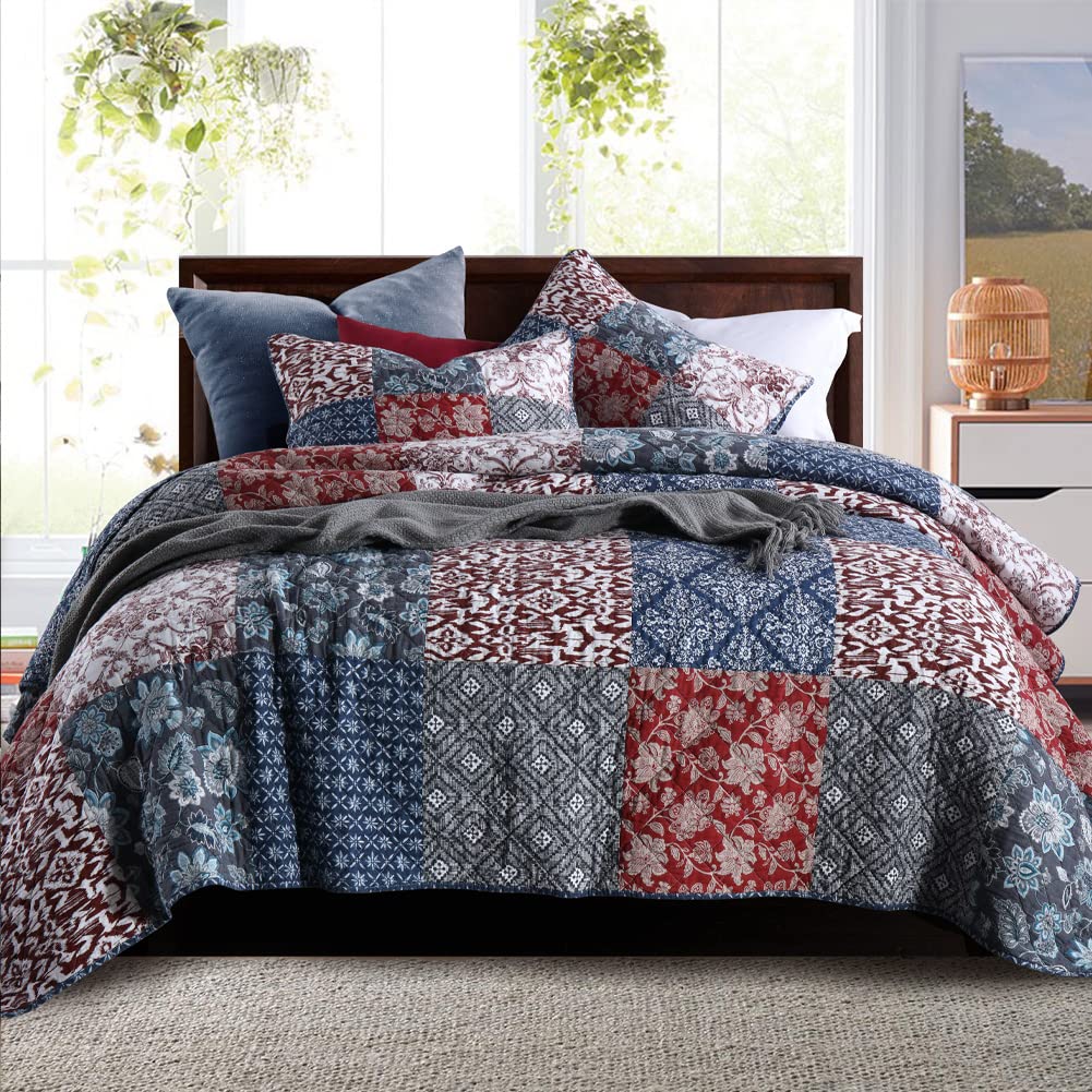 Secgo California King Quilt Size - 100% Cotton Oversized California Comforter Set Green Bedding Sets (120 * 110 Inch) with 2 Pillow Shams, Patchwork Reversible Lightweight Bedspread