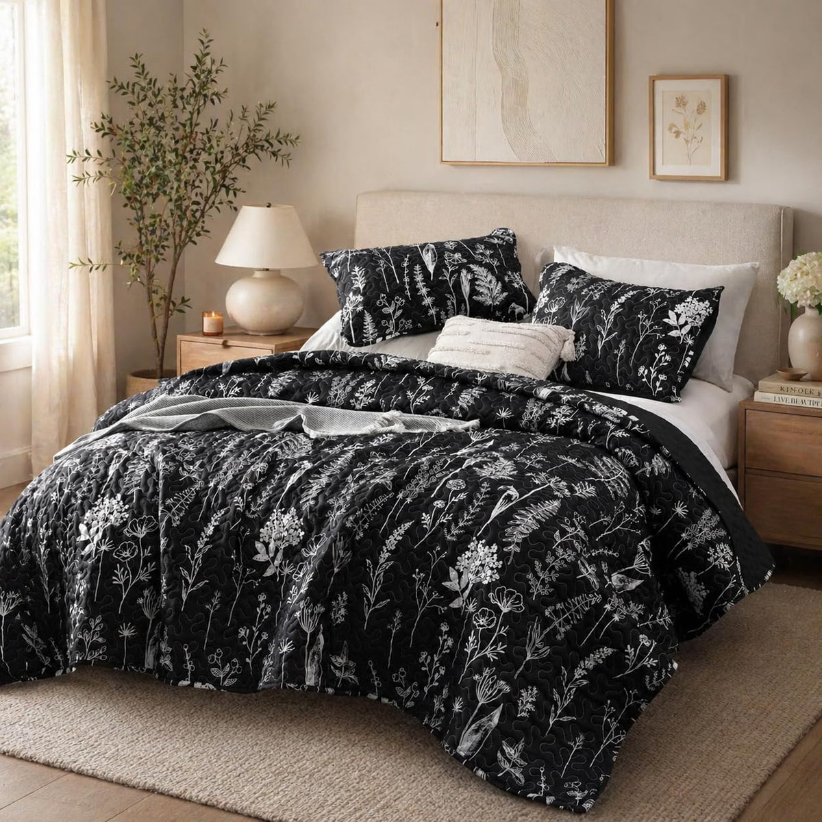 JANZAA Quilts Queen Size, Sage Green Bedspread 3 Pcs Floral Bedding Set