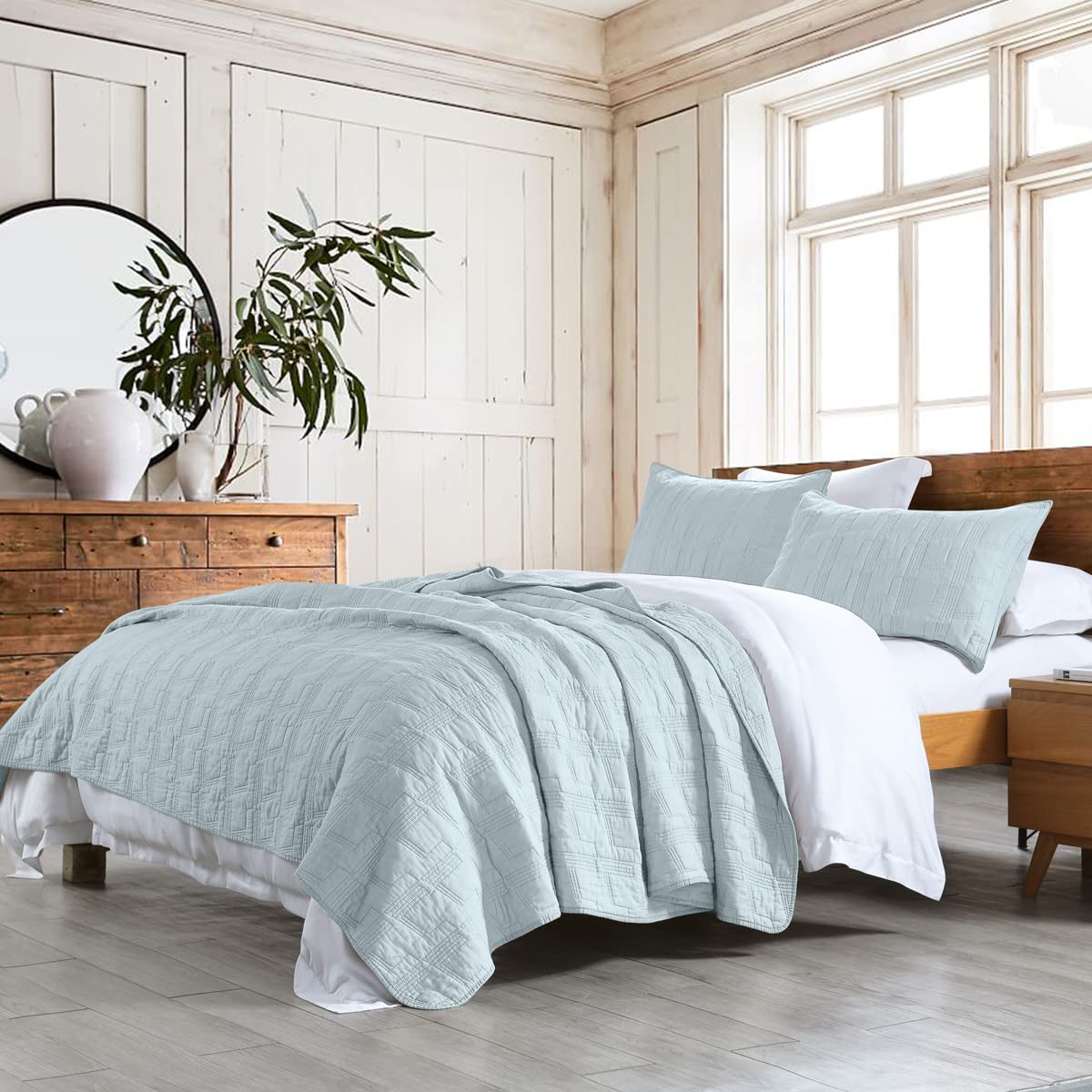 HORIMOTE HOME 100% Cotton Quilt Set Twin Size, White Pre-Washed 2-Piece Bedspread Coverlet Set, Cozy Lightweight Stitching Decorative Bedding Cover with 1 Shams in Geometric Pattern for All Season