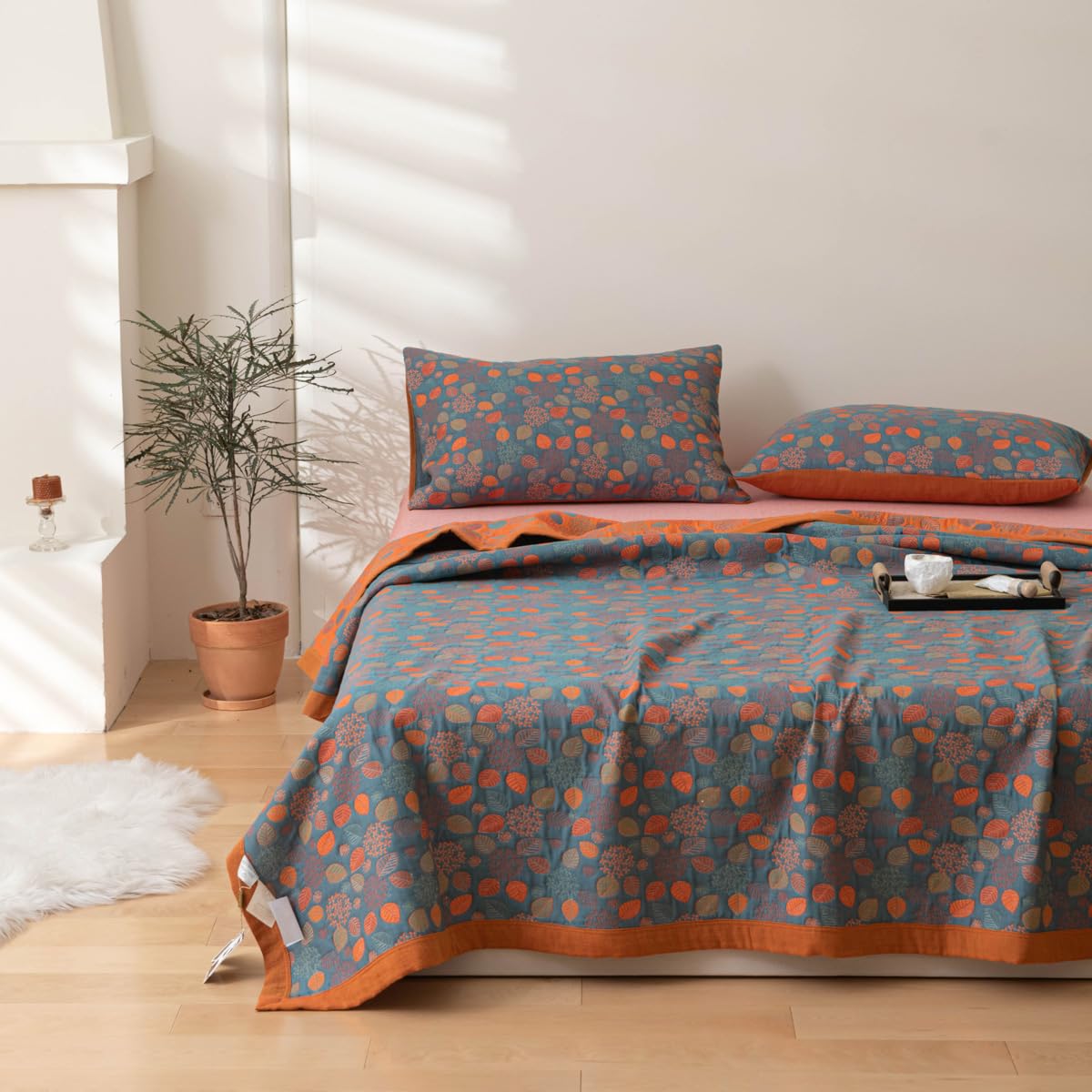 100% Cotton Muslin Botanical Blanket Jacquard Floral Plants Pattern Quilt, Soft Bed Cover Lightweight Breathable Gauzy Reversible Bedspread Coverlet Bedding King(98"x94"), No Pillow Sham