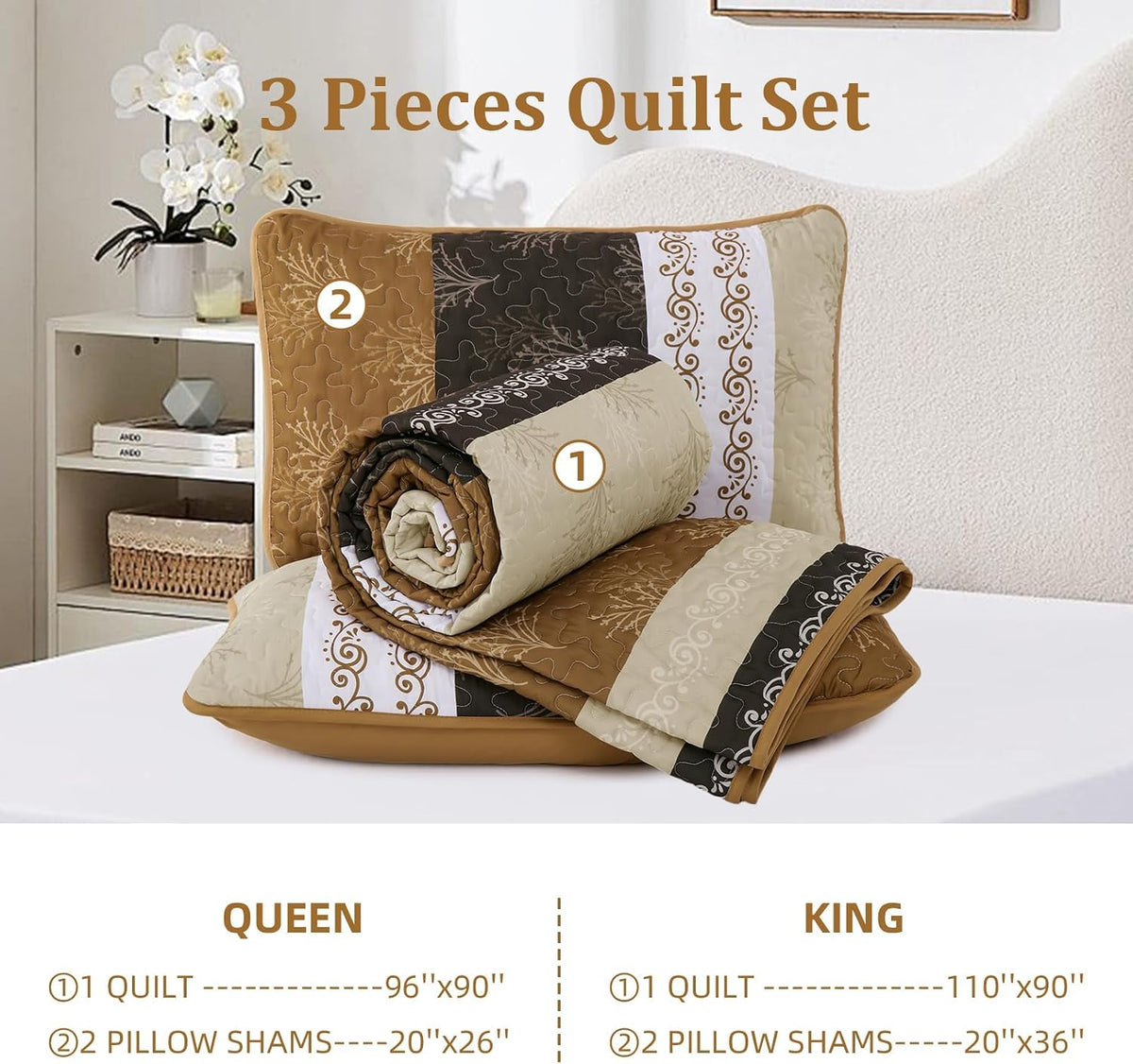 DJY Queen Quilt Set, Lightweight Striped Bedspread Bedding Set, Dark Brown