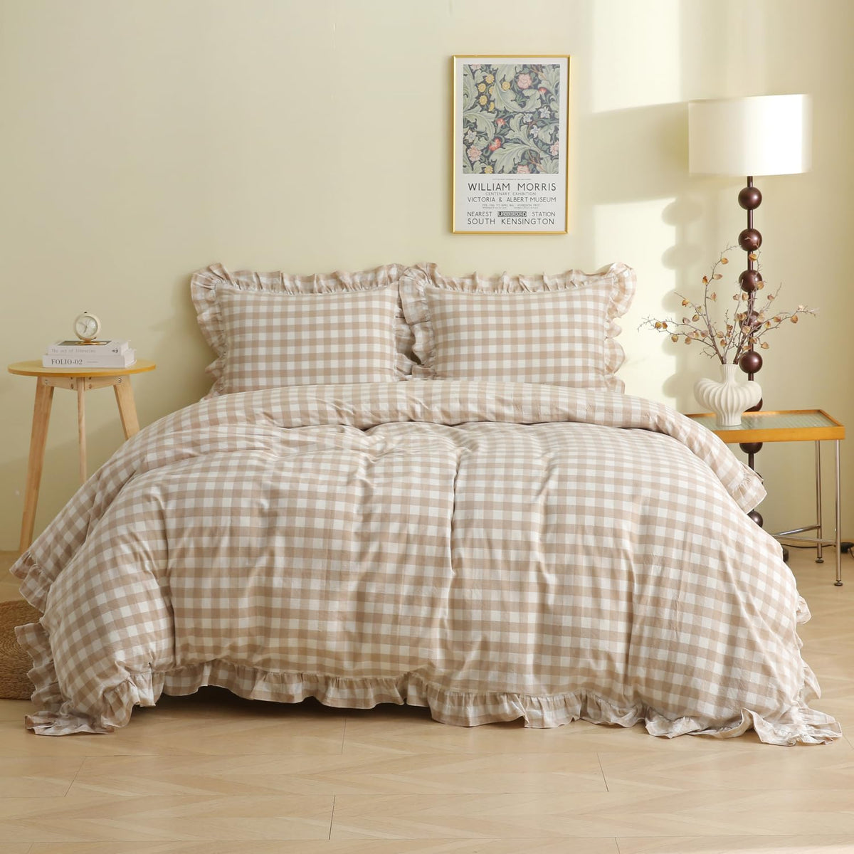 Silnuo Light Blue/White Gingham Plaid Ruffle Duvet Cover Set King Size