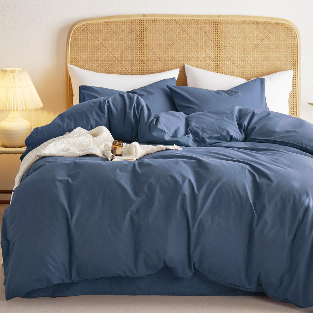 Wake In Cloud - Cotton Duvet Cover Set, 100% Washed Cotton, Linen Like Textured, Breathable Durable Comfy Farmhouse Neutral Bedding Set, 3 Pieces, Light Denim Blue, Twin/Twin XL Size