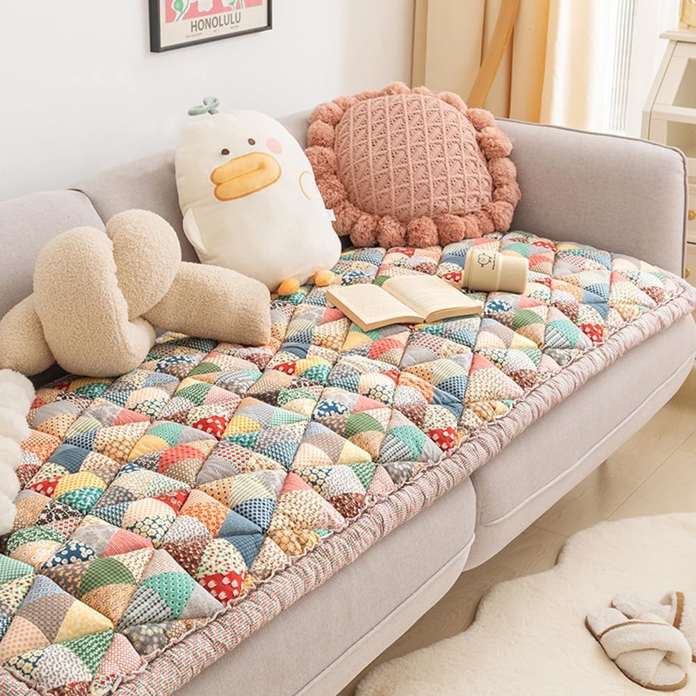 vctops Bohemian Patchwork Cotton Quilted Sofa Couch Cover Floral Pattern Sectional Couch Cover for Living Room Non Slip Soft Floor Mat Chair Seat Cushion(Pattern A,20"x63")