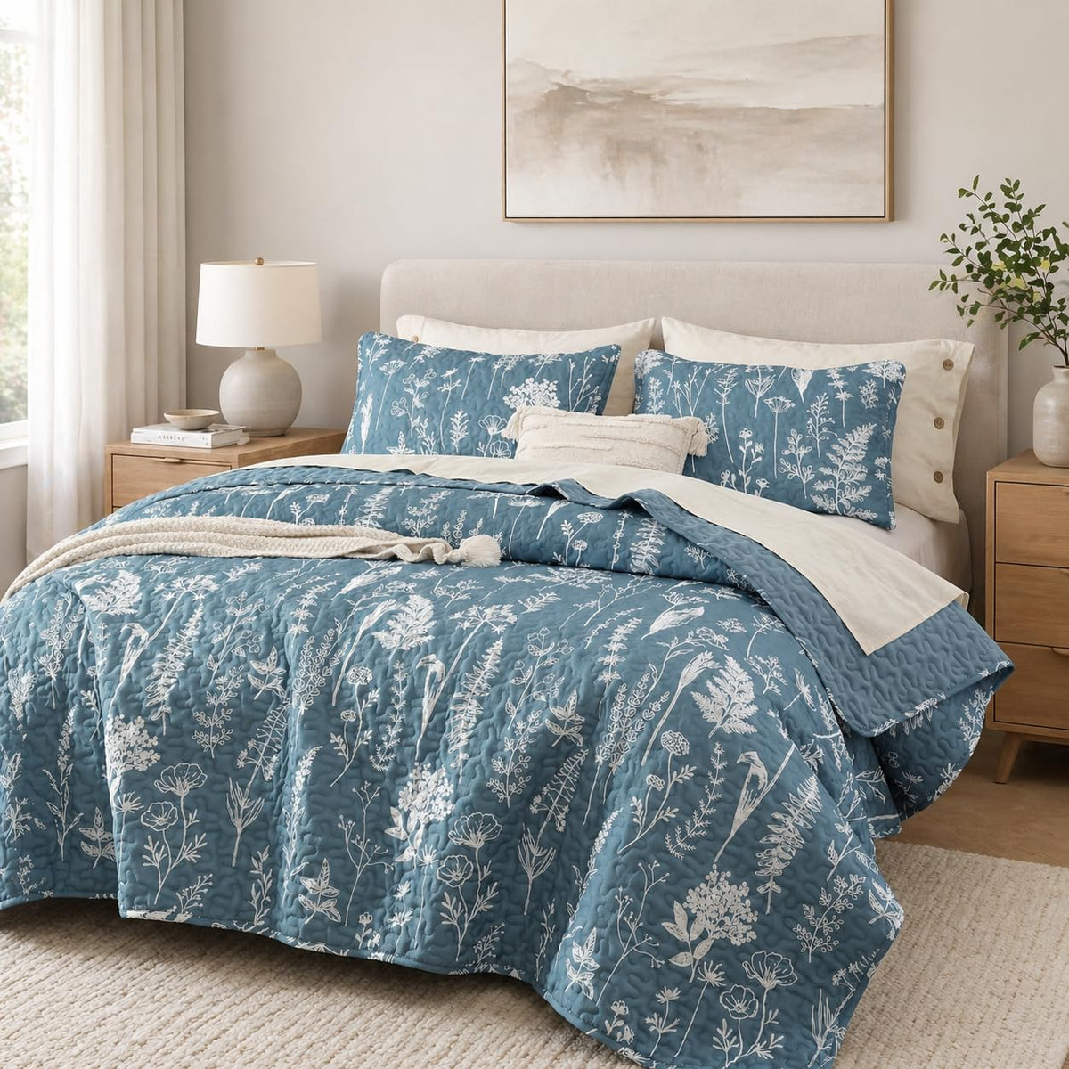 JANZAA Quilts Queen Size, Sage Green Bedspread 3 Pcs Floral Bedding Set
