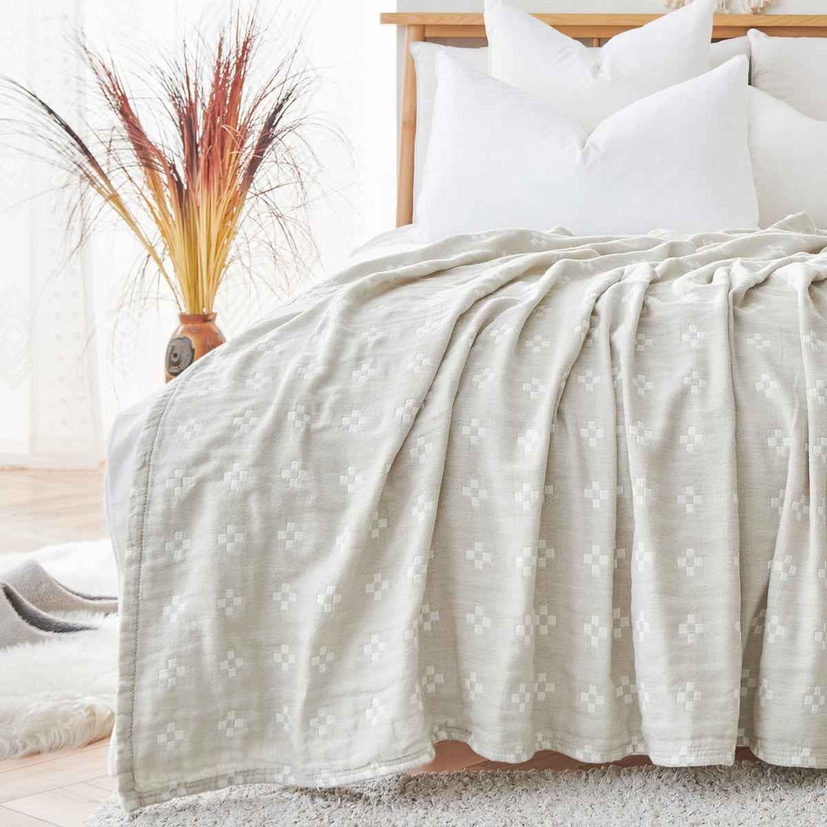 jinchan 100% Cotton Muslin Blanket Twin Boho Throw Blanket 50x60 Gray