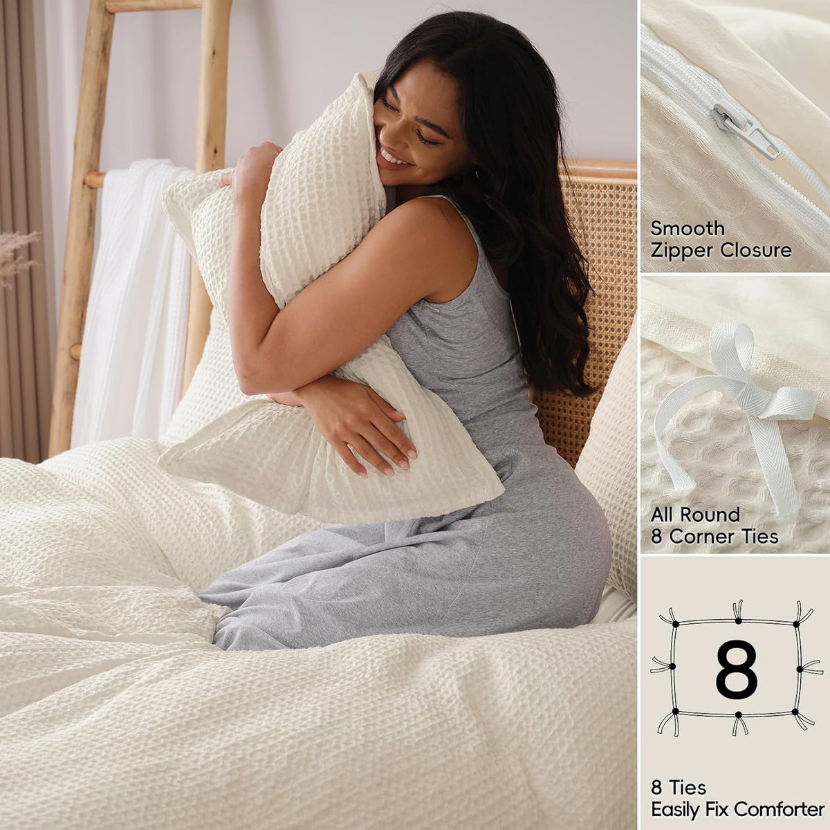 David's Home Textured Waffle Weave Duvet Cover Set, Twin, Cannoli Cream