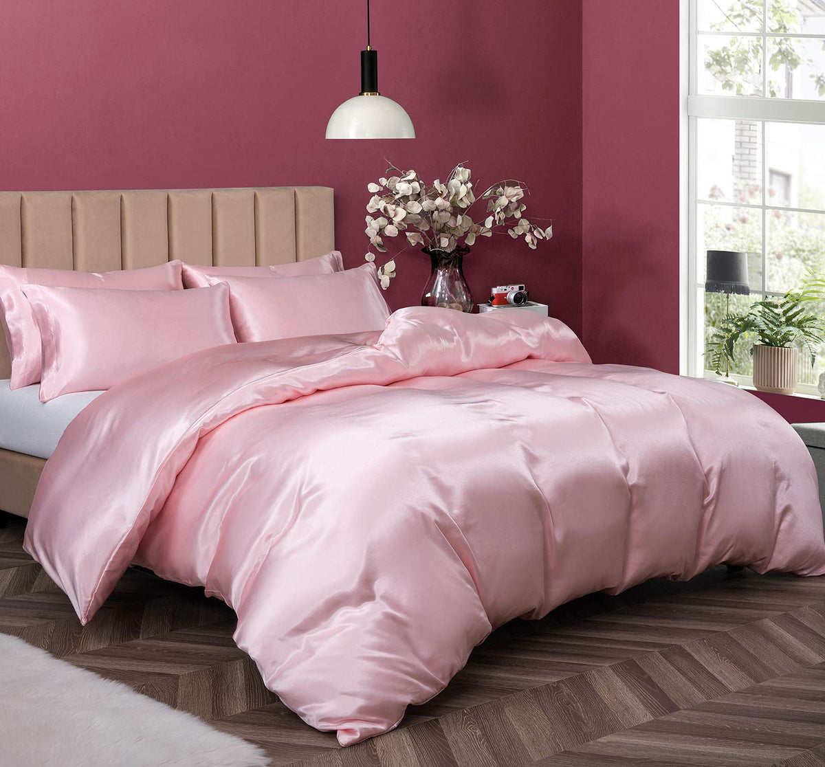 P Pothuiny 5 Pieces Blush Pink Satin Duvet Cover Full/Queen Size Set
