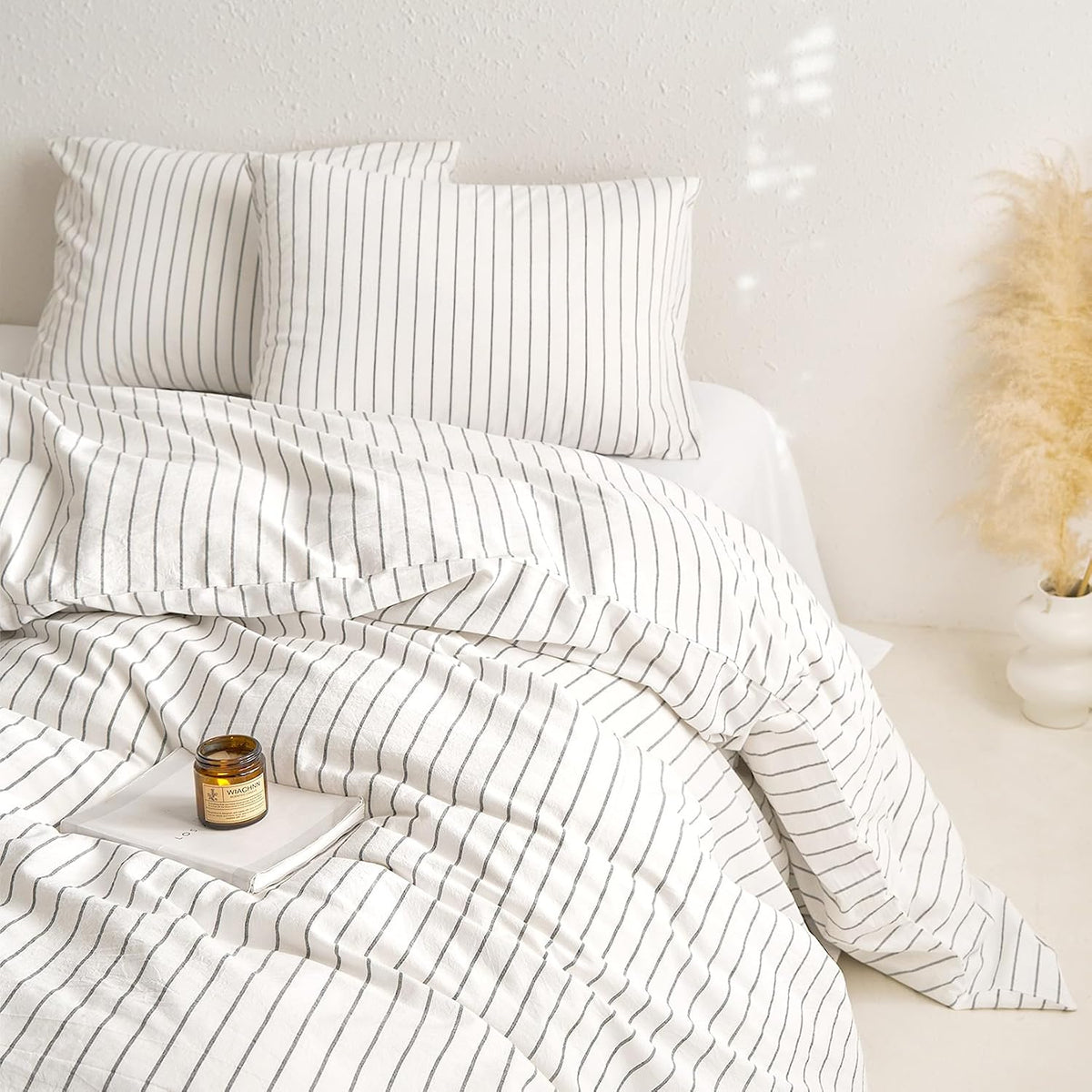 Wake In Cloud Striped Cotton Duvet Cover Set, White, Queen