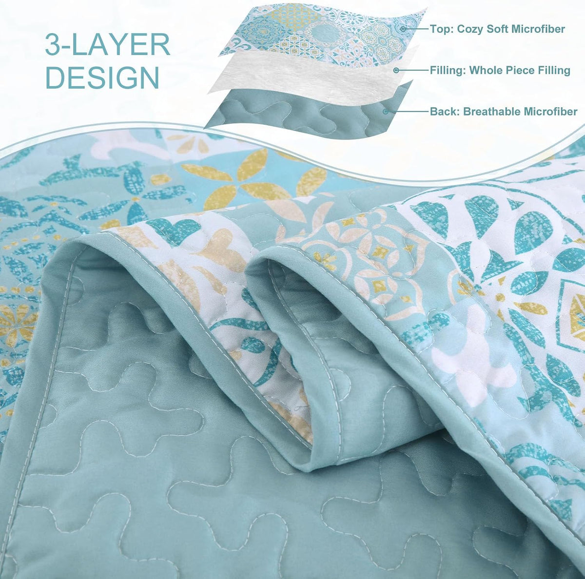 Dobuyly Queen Quilt Set Aqua Blue Patchwork Bedspread 3 Piece