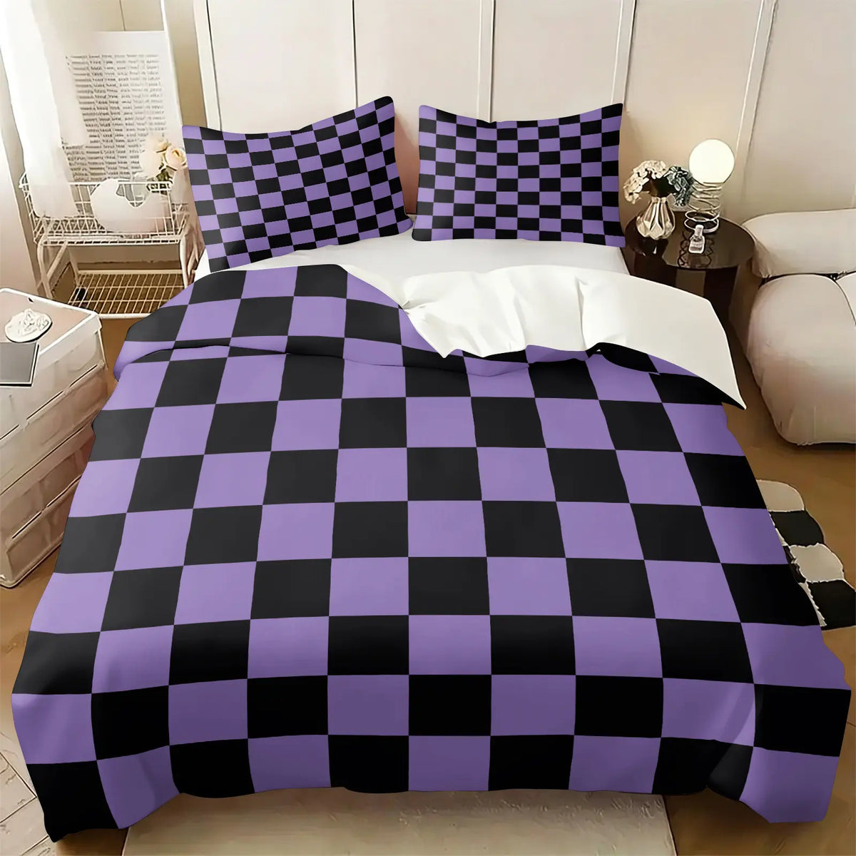 2/3Pcs Purple Black Checkerboard Duvet Cover Set, Grid Print Comforter Cover, Soft Microfiber Bedding Set (No Filler), Trendy Check Bed Set for Teens, Bedroom & Dorm Decor