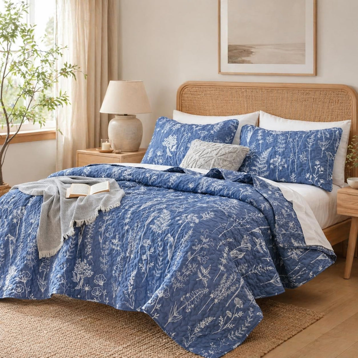 JANZAA Quilts Queen Size, Sage Green Bedspread 3 Pcs Floral Bedding Set