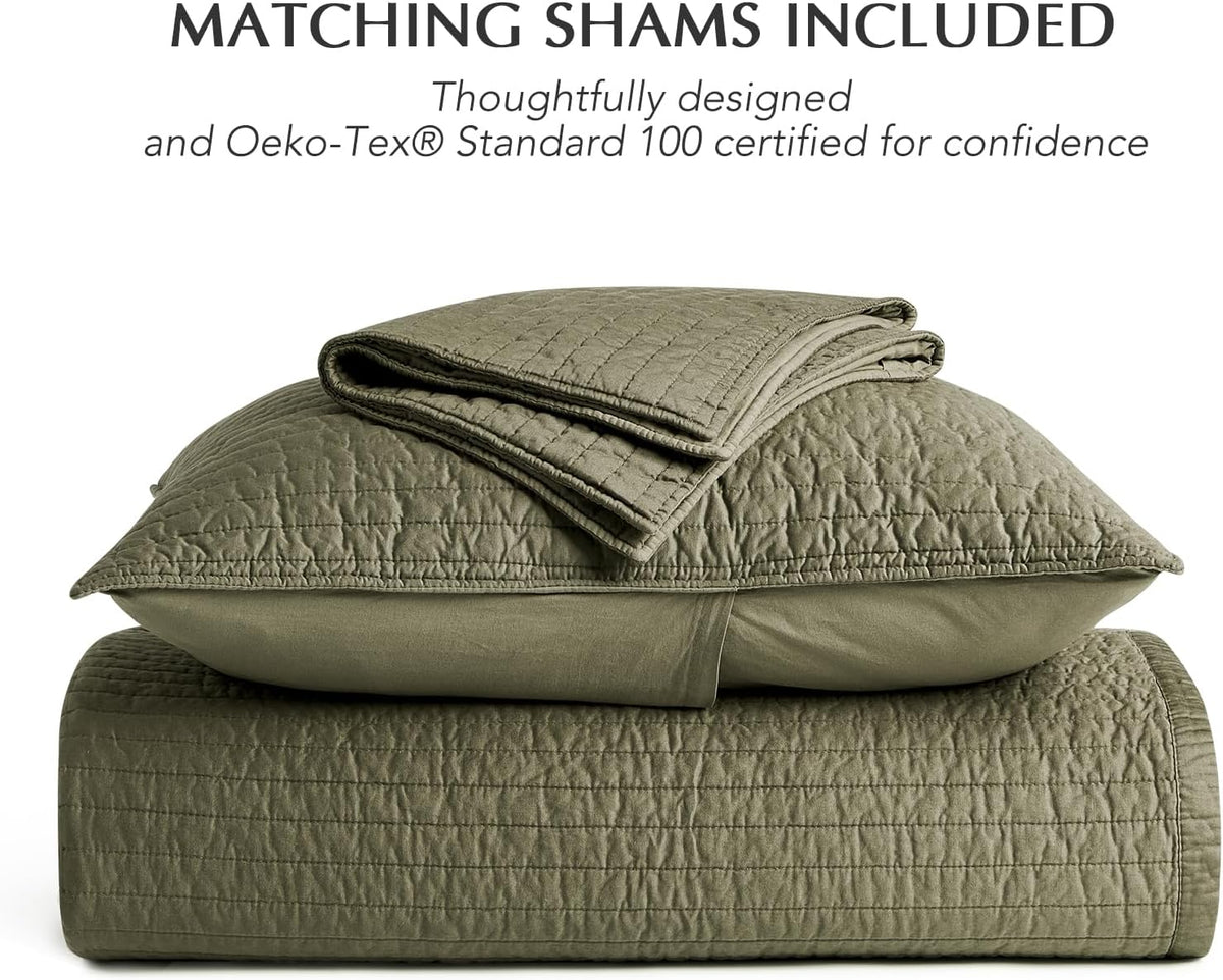 EVERGRACEHOME Cotton Sateen Quilt Set, King Size, Olive Green
