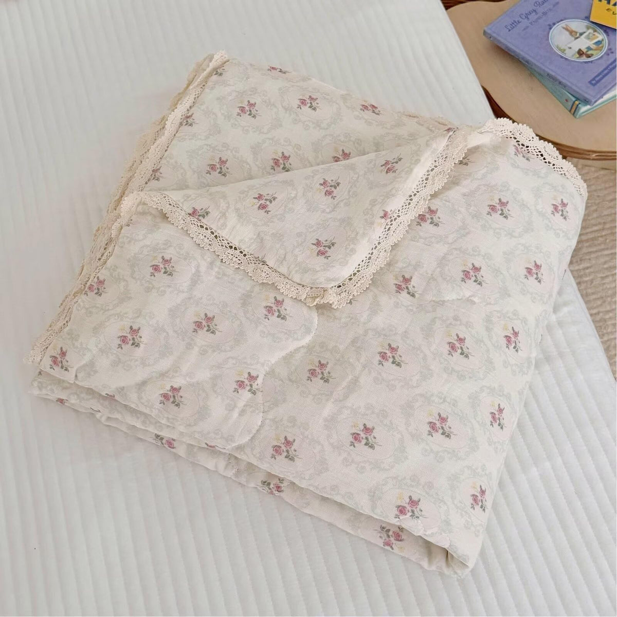 BuLuTu Shabby Chic Floral Quilt for Full Size Bed Blankets Muslin Cotton Summer Quilts Lightweight Soft Kids Comforter for Girls Teens Azalea Pattern, 79"x90", 3.9 Pounds, No Pillowcases