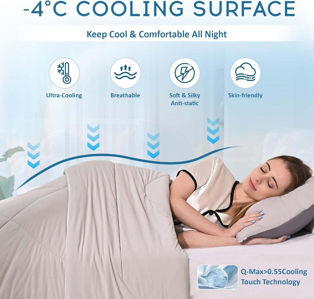 Grey Cooling Comforter Queen Size(90"x90"),Double Sided Cooling Comforter Absorb Body Heat to Keep Cool,Cooling Blankets for Hot Sleepers and Night Sweats,Q-Max>0.5,Breathable&Lightweight Duvet Insert