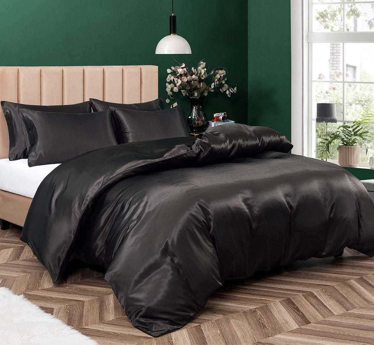 P Pothuiny 5 Pieces Blush Pink Satin Duvet Cover Full/Queen Size Set