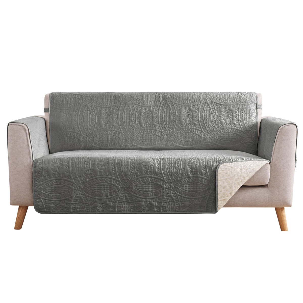 Soft Quilted Couch Cover with Pockets for Extra-Large Sofa, Anti-Slip Sofa Covers Washable for 3 Cushion Pet Friendly Medallion Oversized Sofa Cover Water-Repellent (X-Large Sofa 78", Ivory White)