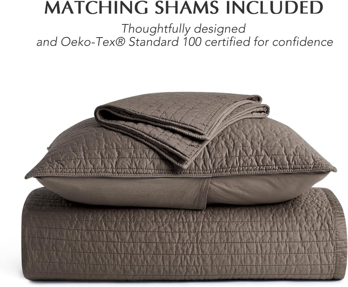 EVERGRACEHOME Cotton Sateen Quilt Set, King Size, Mocha Brown