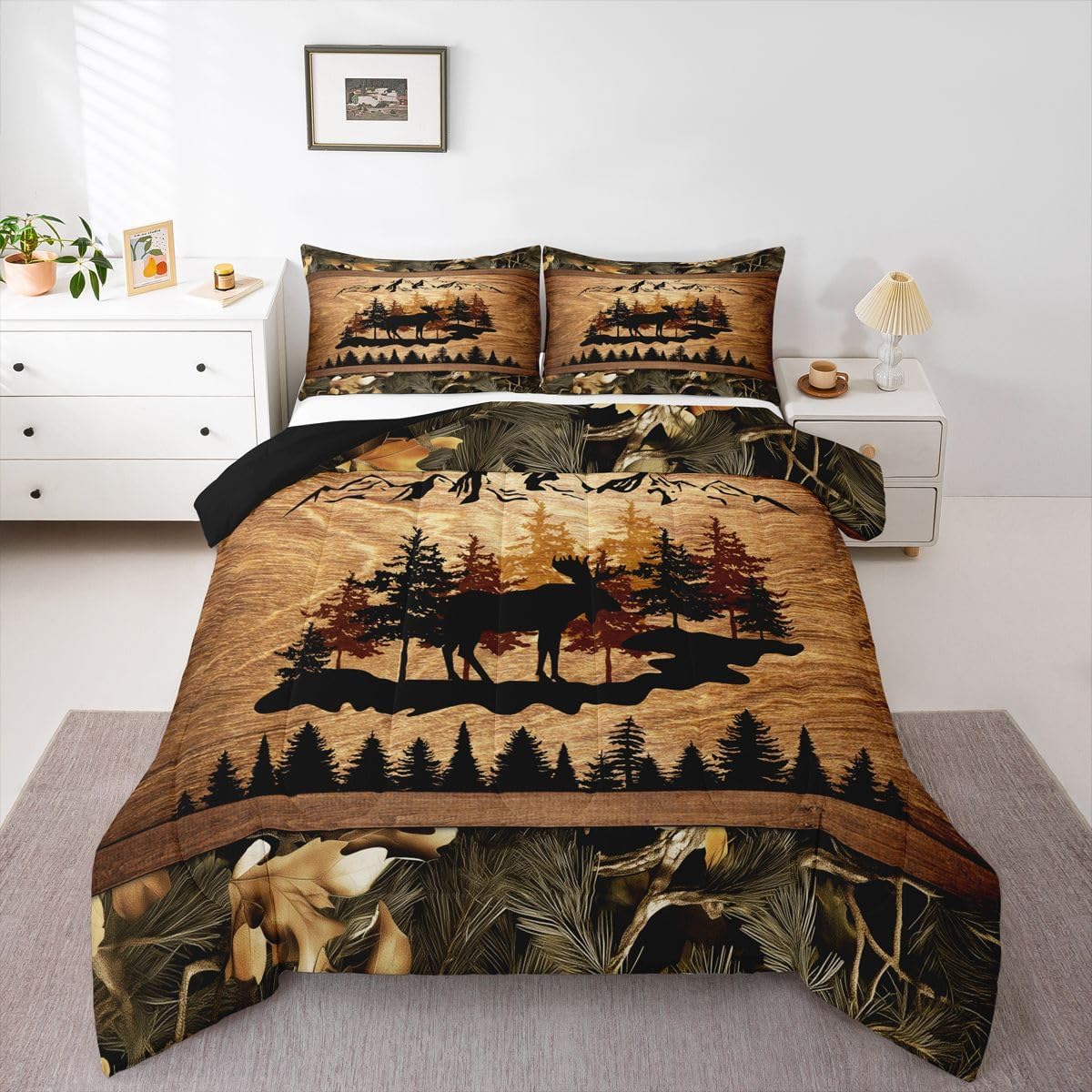 Homewish Jungle Cabin Comforter Set,Moose Animal Pine Trees Bedding Sets for Kids Teens Adults,Retro Wooden Stripes Rustic Farmhouse Quilted Comforter with 2 Pillowcases Queen Size 3 Pcs