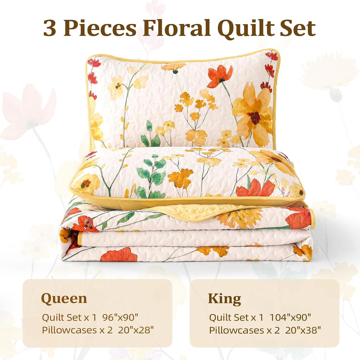 Anibedding Floral Quilt Set King, 3 Pieces Yellow Lightweight Bedspread