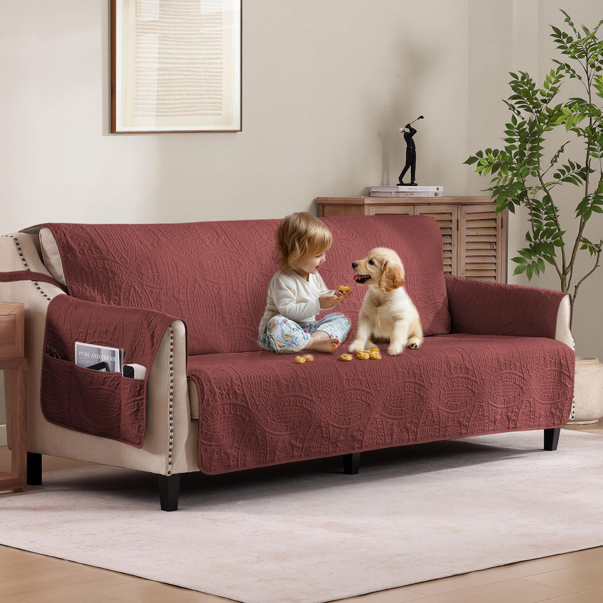 Soft Quilted Couch Cover with Pockets for Extra-Large Sofa, Anti-Slip Sofa Covers Washable for 3 Cushion Pet Friendly Medallion Oversized Sofa Cover Water-Repellent (X-Large Sofa 78", Ivory White)