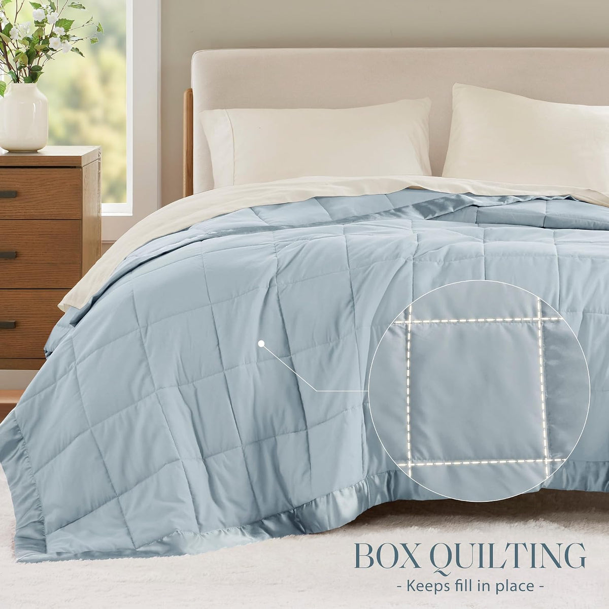Madison Park Down Alternative Queen Blanket for Bed, Satin Trim, Blue
