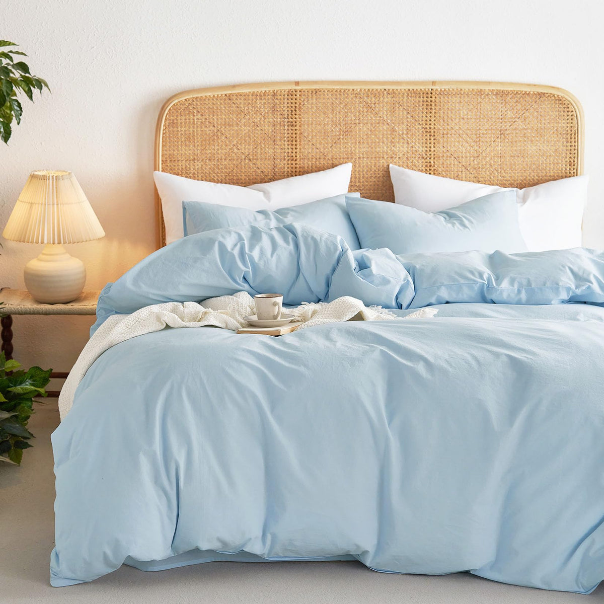 Wake In Cloud - Cotton Duvet Cover Set, 100% Washed Cotton, Linen Like Textured, Breathable Durable Comfy Farmhouse Neutral Bedding Set, 3 Pieces, Light Denim Blue, Twin/Twin XL Size