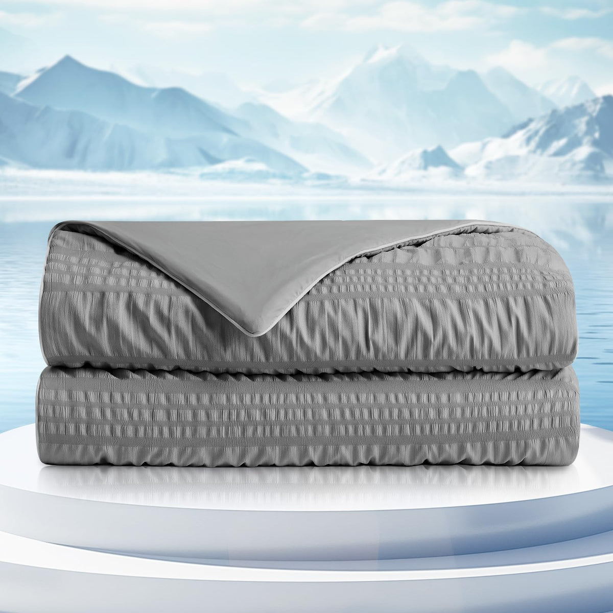 Cozy Bliss Seersucker Cooling Comforter Queen Size, Q-Max 0.45 Reversible Lightweight Cooling Blanket, Breathable Silk Smooth Summer Bedding Quilt for Hot Sleepers Night Sweats Dark Grey