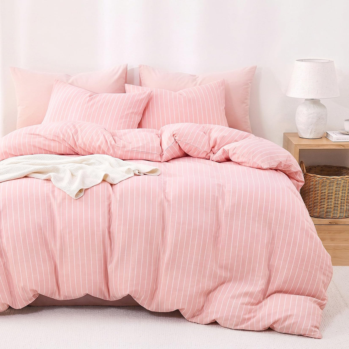 Wake In Cloud Striped Cotton Duvet Cover Set, White, Queen