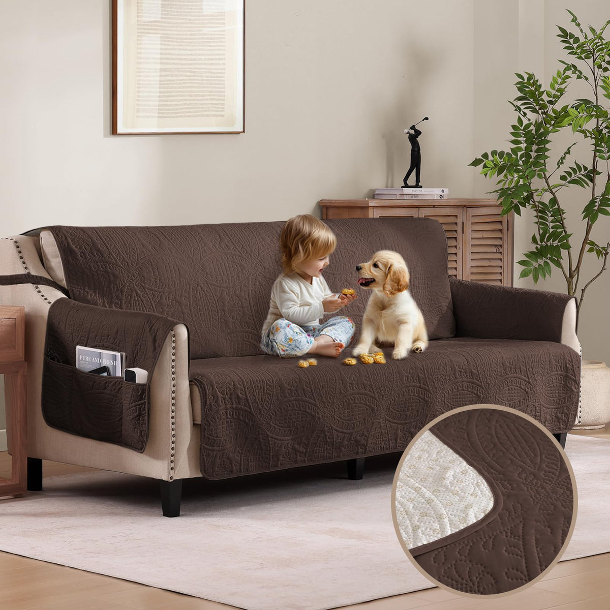 Soft Quilted Couch Cover with Pockets for Extra-Large Sofa, Anti-Slip Sofa Covers Washable for 3 Cushion Pet Friendly Medallion Oversized Sofa Cover Water-Repellent (X-Large Sofa 78", Ivory White)