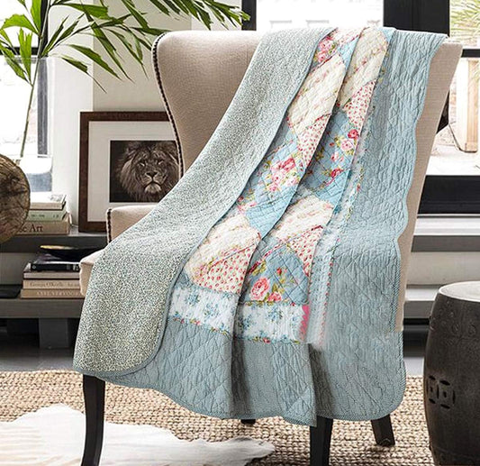Cozyholy Original 100% Cotton Quilt Full Queen Size Blue Floral Patchwork Quilt, Lightweight Reversible Bedspread Quilted Throw Blanket, Vintage Shabby Chic Cottage Bedding Coverlet for Bed Couch Sofa