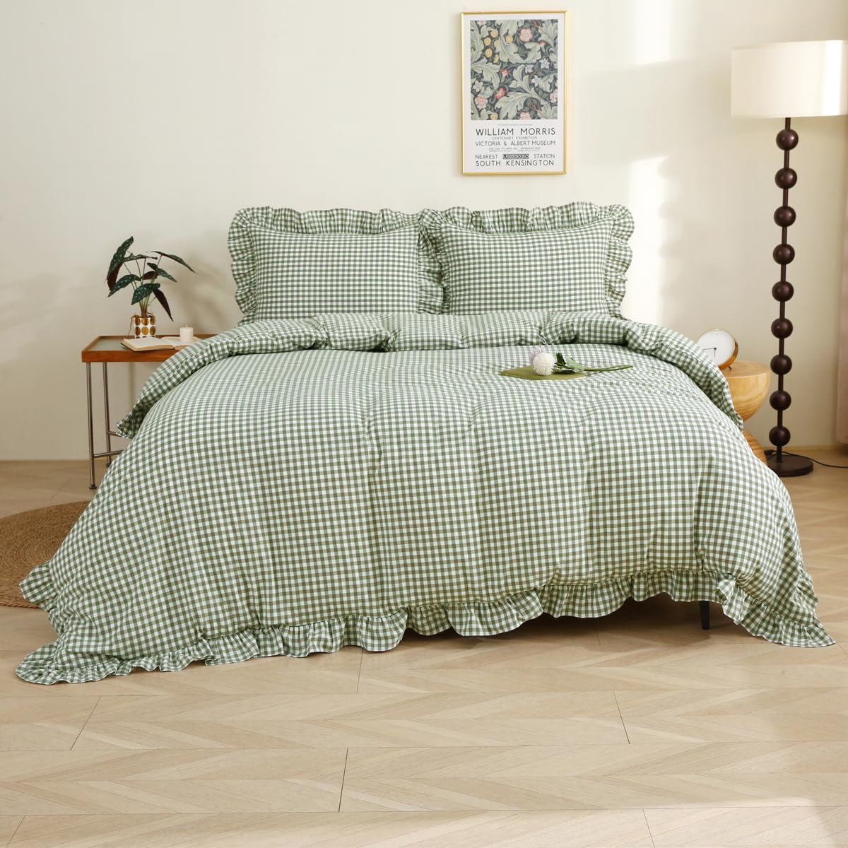 Silnuo Light Blue/White Gingham Plaid Ruffle Duvet Cover Set King Size